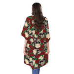 Red Rose Skull Pattern Print Open Front Beach Cover Up