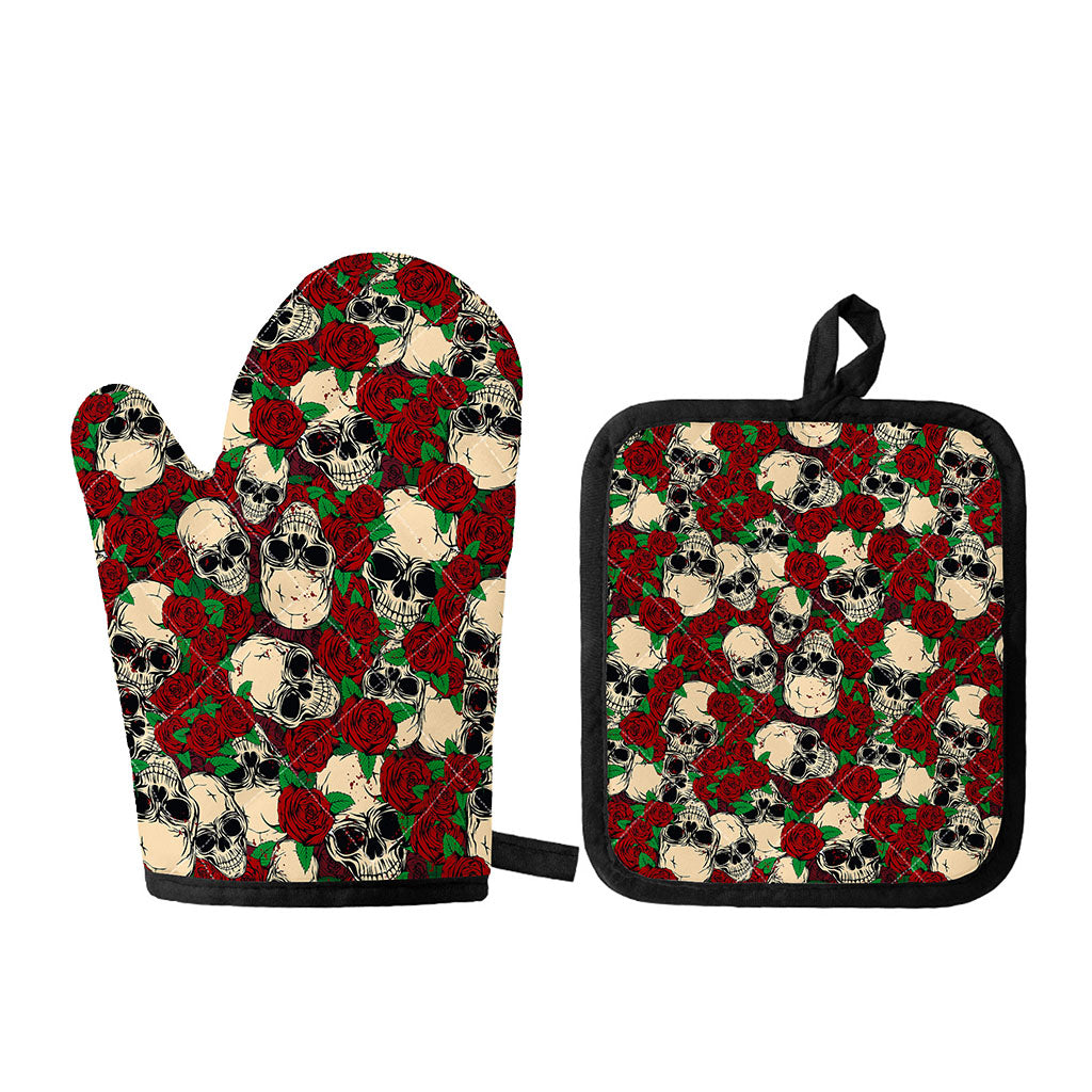 Red Rose Skull Pattern Print Oven Mitt And Pot Holder Set