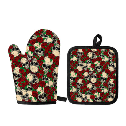 Red Rose Skull Pattern Print Oven Mitt And Pot Holder Set