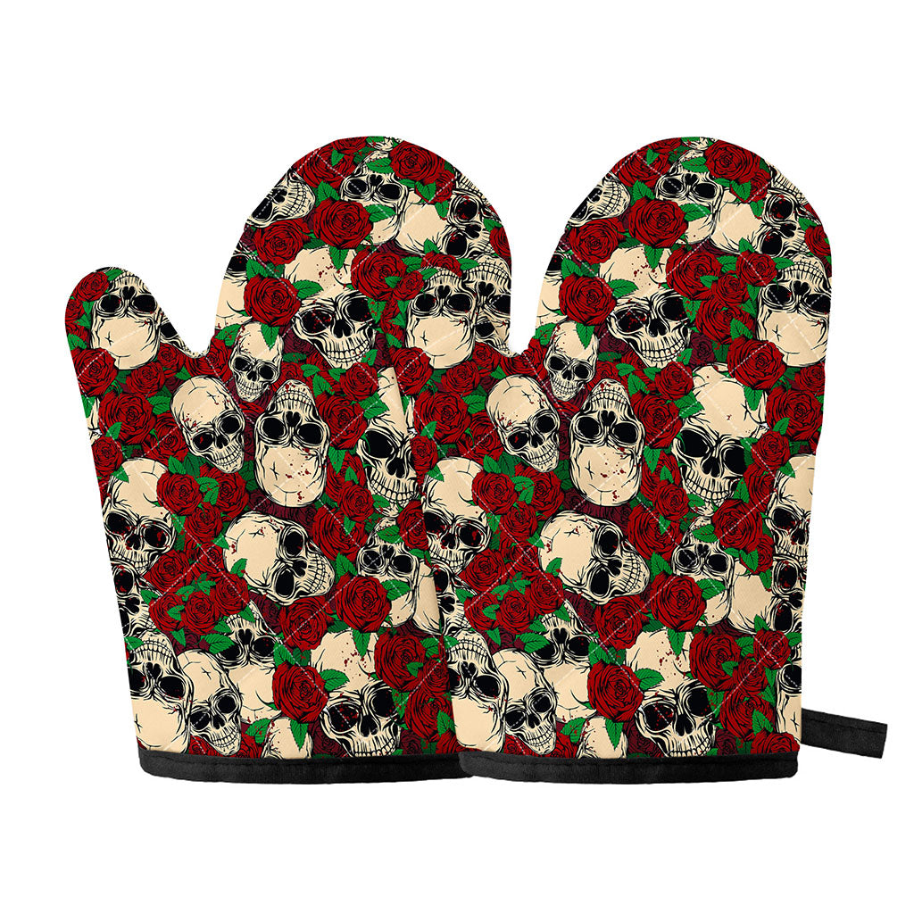 Red Rose Skull Pattern Print Oven Mitts