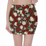 Red Rose Skull Pattern Print Pencil Mini Skirt