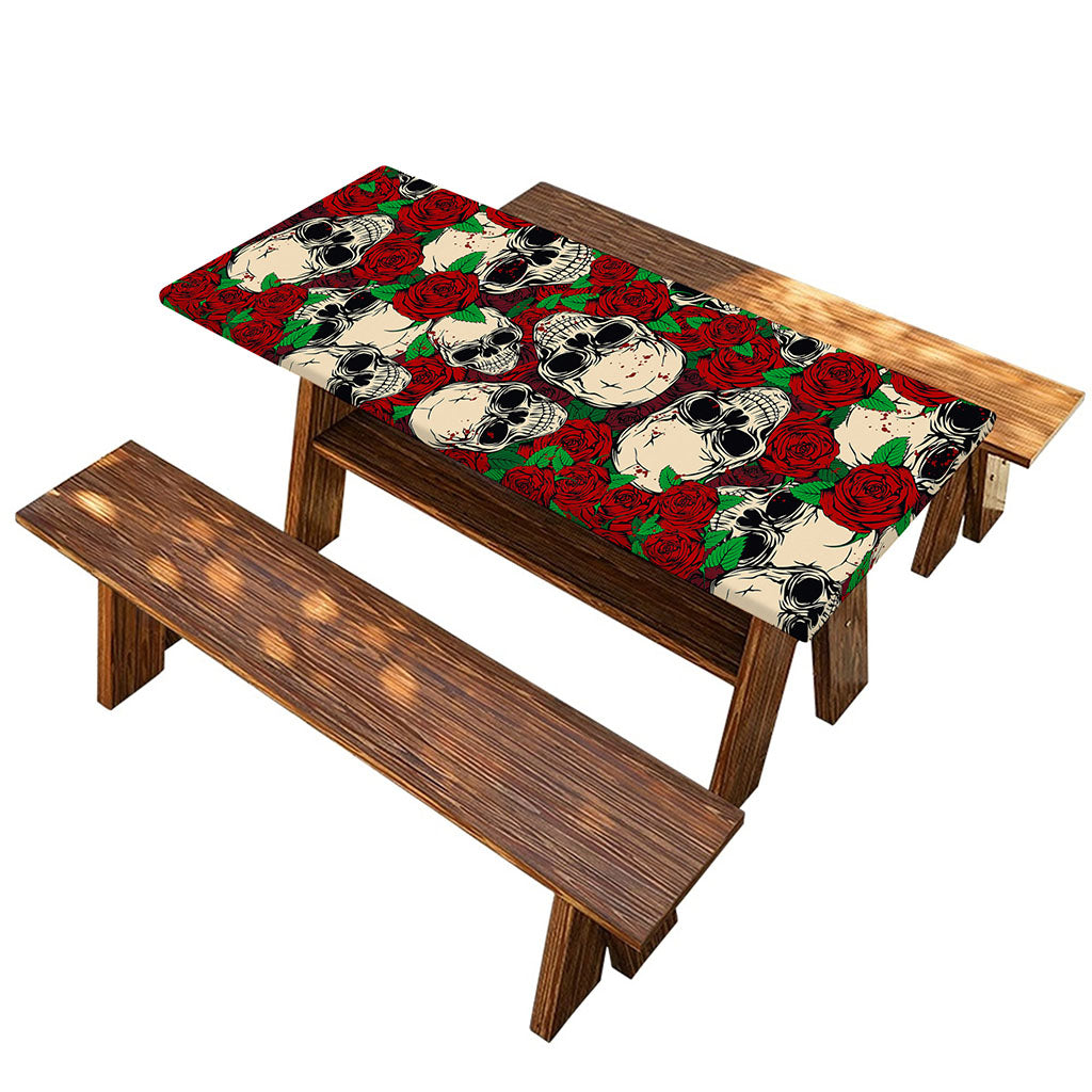 Red Rose Skull Pattern Print Picnic Table Cover