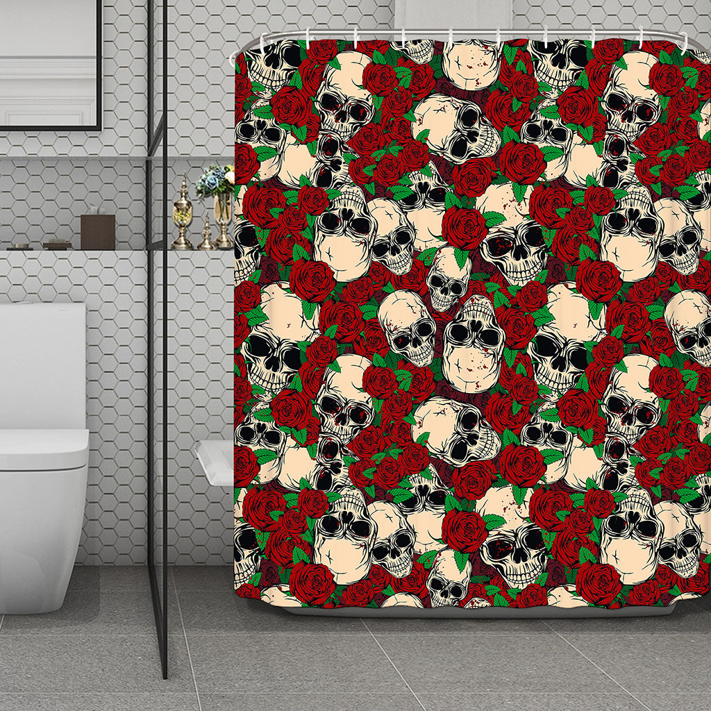 Red Rose Skull Pattern Print Polyester Shower Curtain