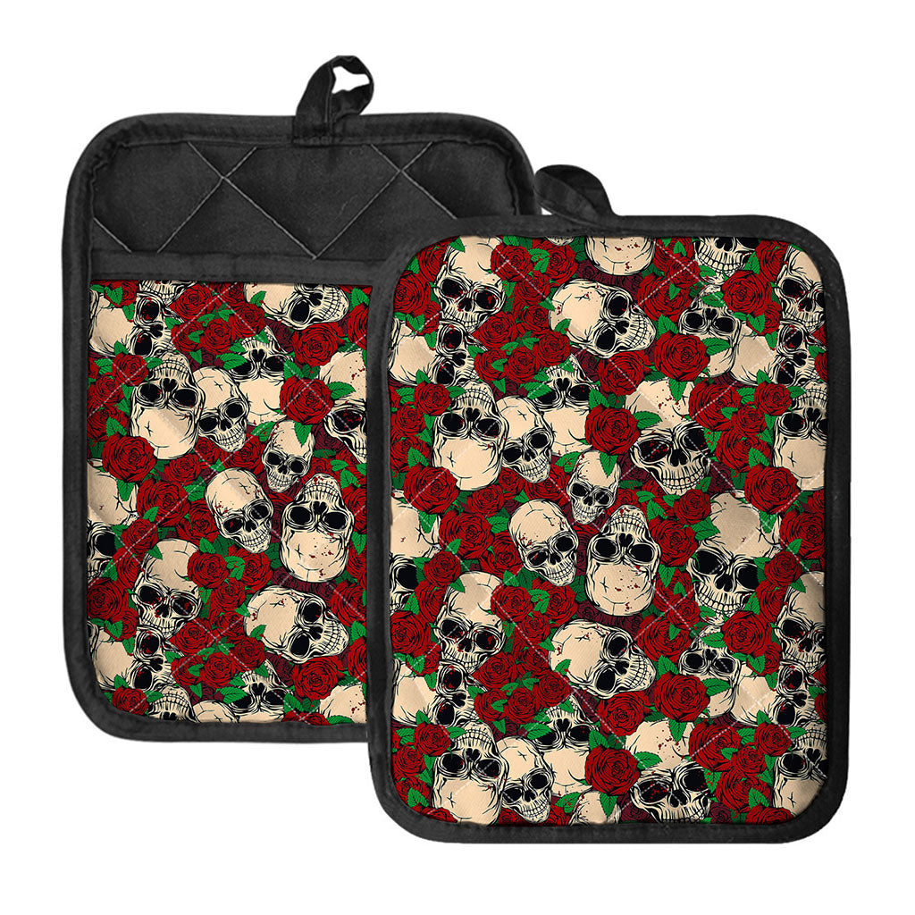 Red Rose Skull Pattern Print Pot Holders With Pocket