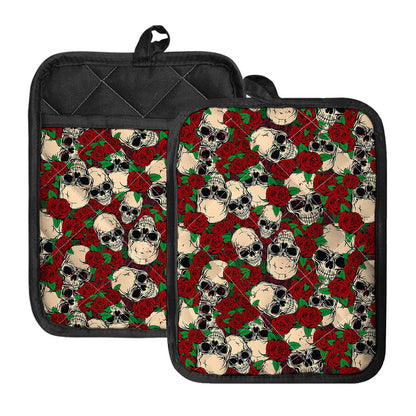 Red Rose Skull Pattern Print Pot Holders With Pocket