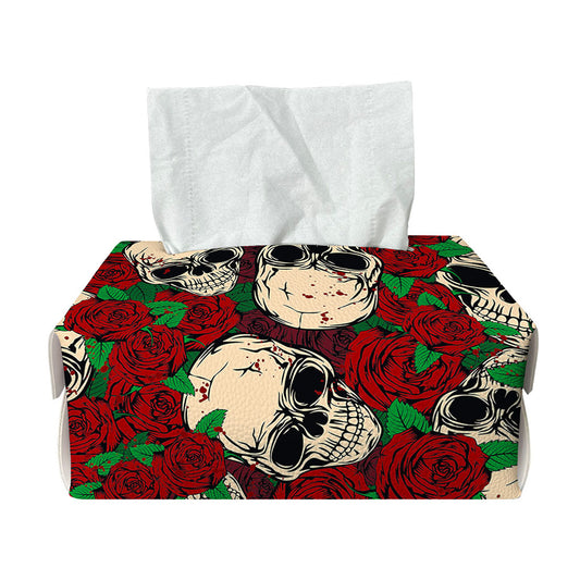 Red Rose Skull Pattern Print Rectangle Tissue Box Cover