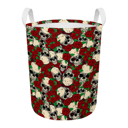 Red Rose Skull Pattern Print Round Laundry Basket