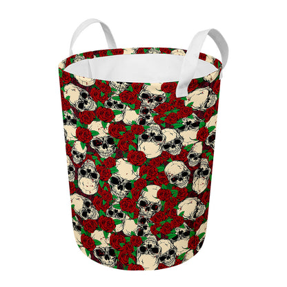 Red Rose Skull Pattern Print Round Laundry Basket