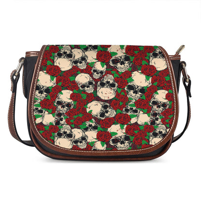 Red Rose Skull Pattern Print Saddle Bag