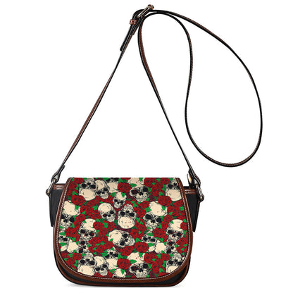 Red Rose Skull Pattern Print Saddle Bag