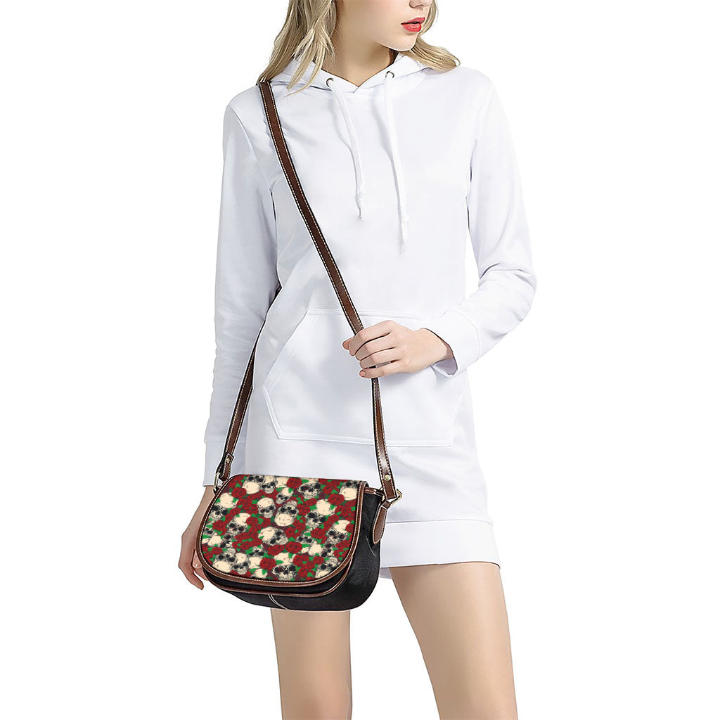 Red Rose Skull Pattern Print Saddle Bag