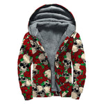 Red Rose Skull Pattern Print Sherpa Lined Zip Up Hoodie