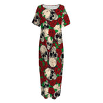 Red Rose Skull Pattern Print Short Sleeve Long Nightdress