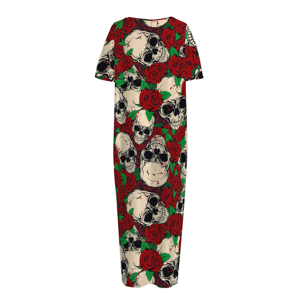 Red Rose Skull Pattern Print Short Sleeve Long Nightdress