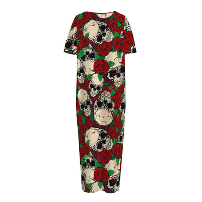 Red Rose Skull Pattern Print Short Sleeve Long Nightdress