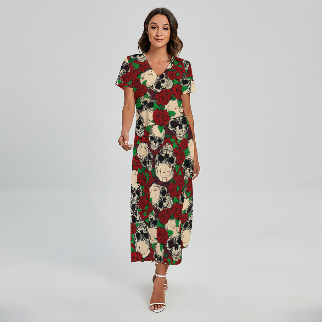 Red Rose Skull Pattern Print Short Sleeve Maxi Dress