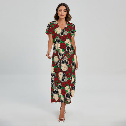 Red Rose Skull Pattern Print Short Sleeve Maxi Dress