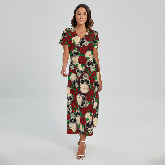 Red Rose Skull Pattern Print Short Sleeve Maxi Dress