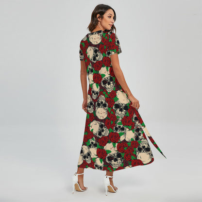 Red Rose Skull Pattern Print Short Sleeve Maxi Dress