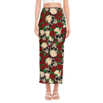Red Rose Skull Pattern Print Side Slit Maxi Skirt