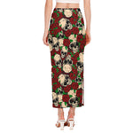 Red Rose Skull Pattern Print Side Slit Maxi Skirt