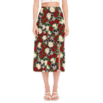Red Rose Skull Pattern Print Side Slit Midi Skirt