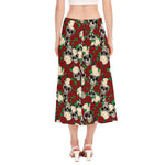 Red Rose Skull Pattern Print Side Slit Midi Skirt