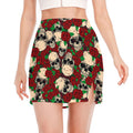 Red Rose Skull Pattern Print Side Slit Mini Skirt