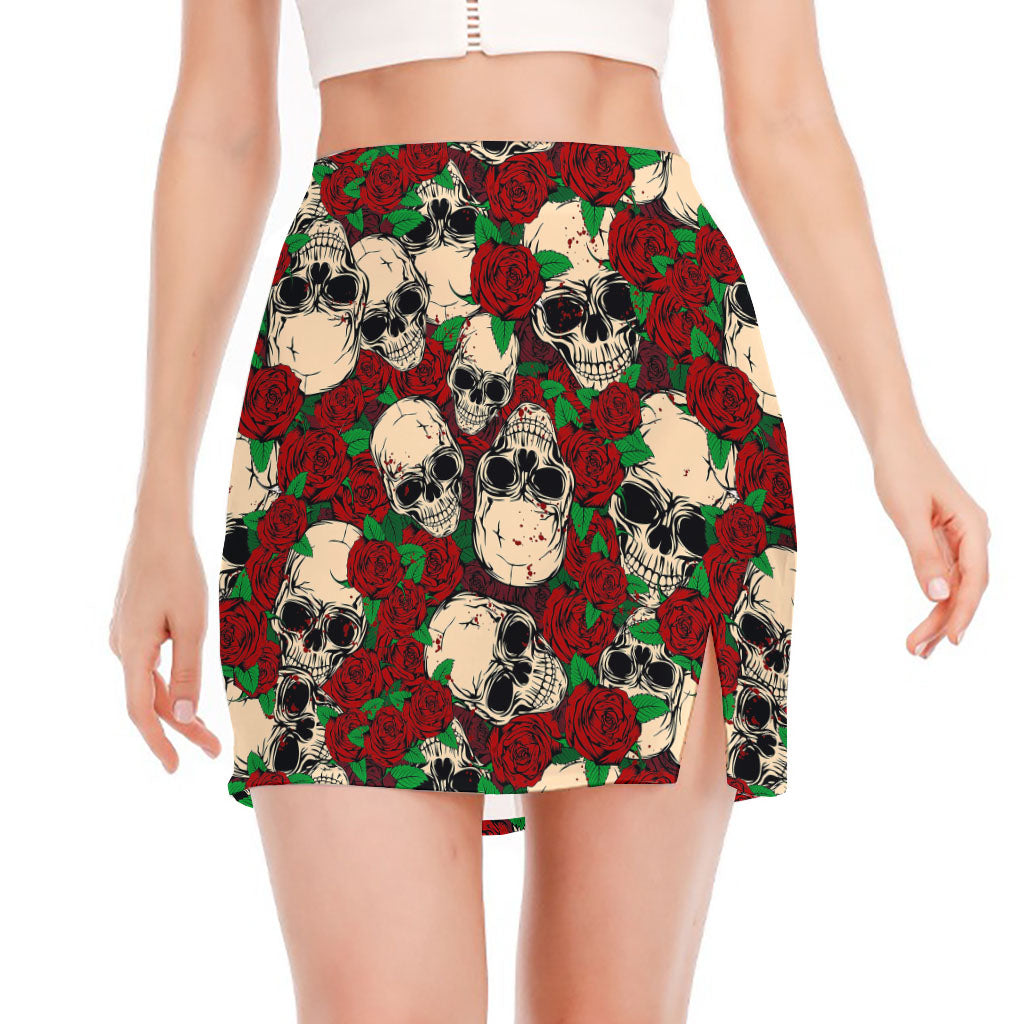 Red Rose Skull Pattern Print Side Slit Mini Skirt