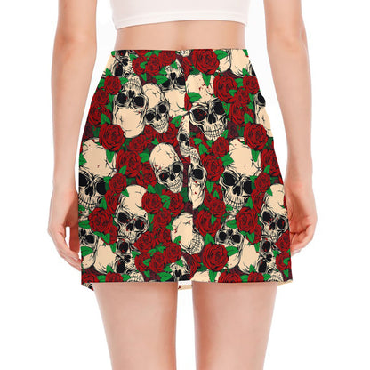 Red Rose Skull Pattern Print Side Slit Mini Skirt
