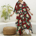 Red Rose Skull Pattern Print Silk V-Neck Kaftan Dress