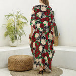 Red Rose Skull Pattern Print Silk V-Neck Kaftan Dress