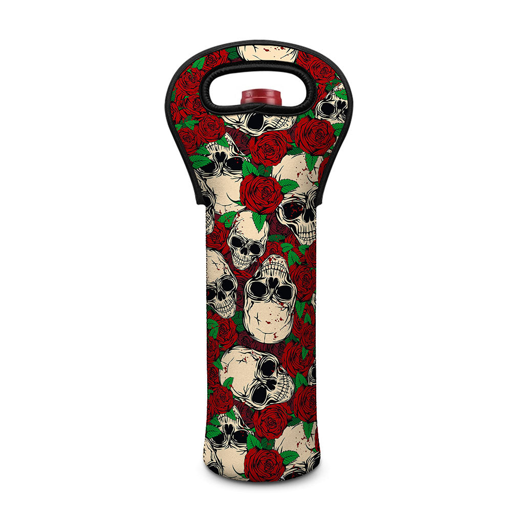 Red Rose Skull Pattern Print Single Neoprene Wine Tote