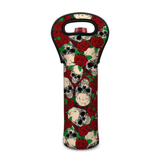 Red Rose Skull Pattern Print Single Neoprene Wine Tote