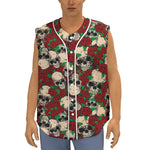 Red Rose Skull Pattern Print Sleeveless Baseball Jersey