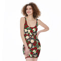 Red Rose Skull Pattern Print Sleeveless Bodycon Dress