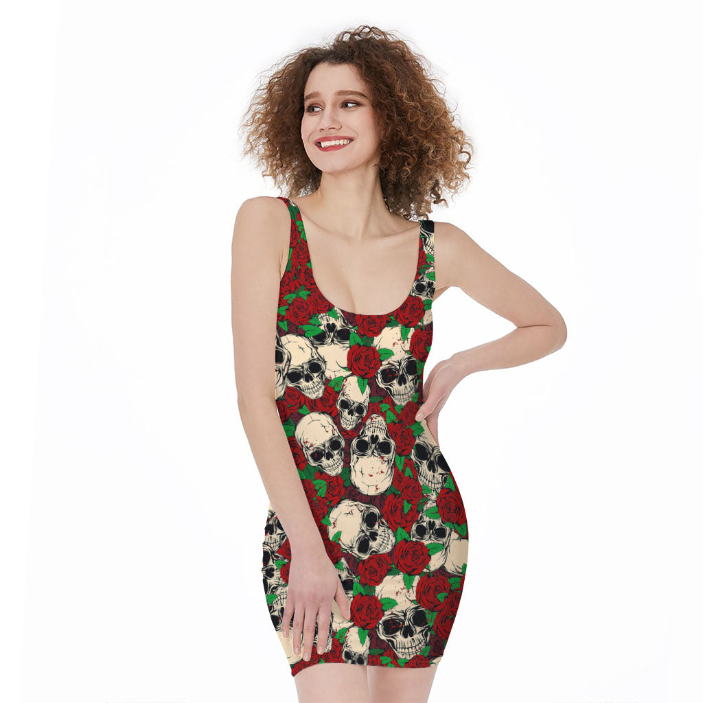 Red Rose Skull Pattern Print Sleeveless Bodycon Dress