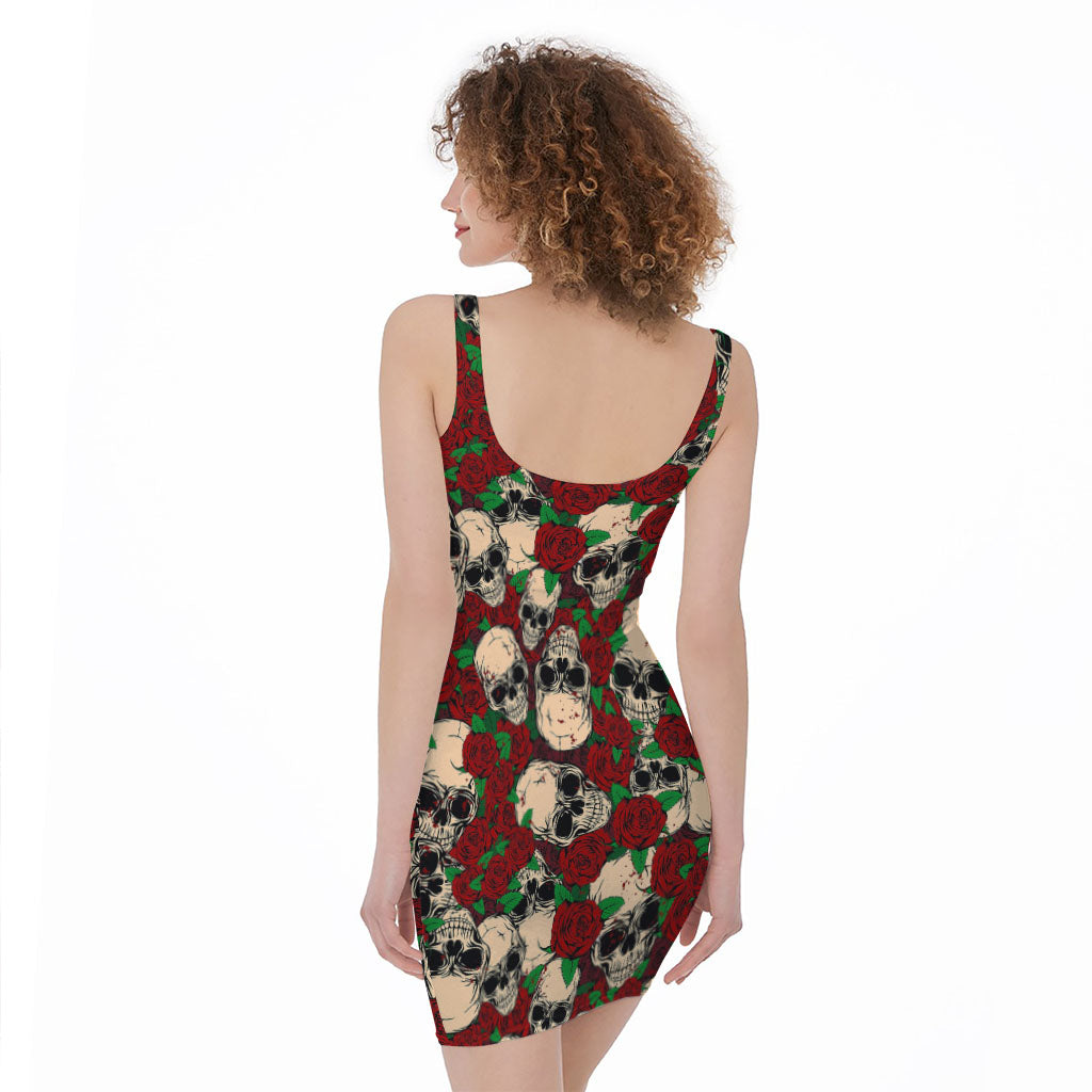 Red Rose Skull Pattern Print Sleeveless Bodycon Dress