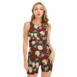 Red Rose Skull Pattern Print Sleeveless One Piece Swimsuit