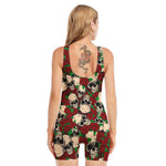 Red Rose Skull Pattern Print Sleeveless One Piece Swimsuit