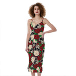 Red Rose Skull Pattern Print Slim Fit Midi Cami Dress