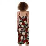 Red Rose Skull Pattern Print Slim Fit Midi Cami Dress