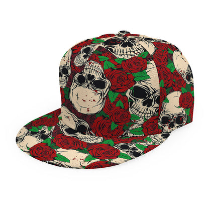Red Rose Skull Pattern Print Snapback Cap
