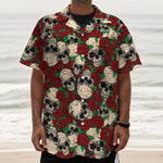 Red Rose Skull Pattern Print Textured Short Sleeve Shirt