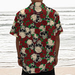 Red Rose Skull Pattern Print Textured Short Sleeve Shirt