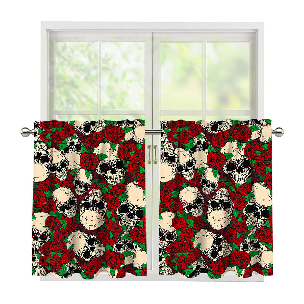 Red Rose Skull Pattern Print Tier Curtains