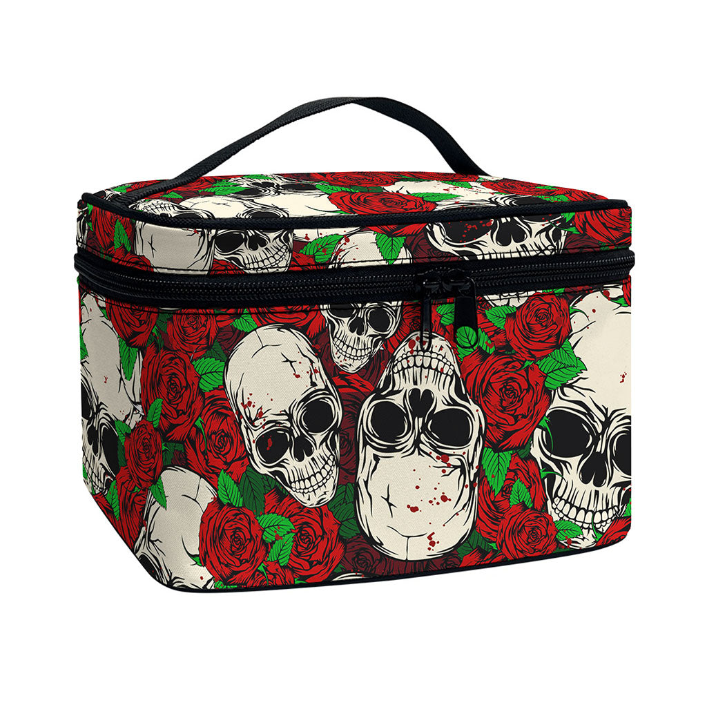 Red Rose Skull Pattern Print Travel Makeup Bag