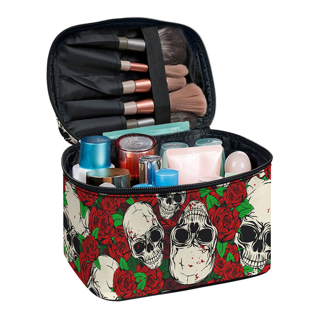 Red Rose Skull Pattern Print Travel Makeup Bag