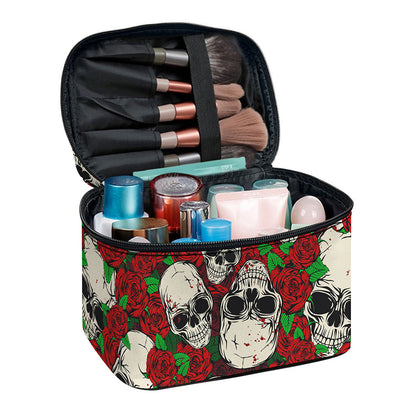 Red Rose Skull Pattern Print Travel Makeup Bag