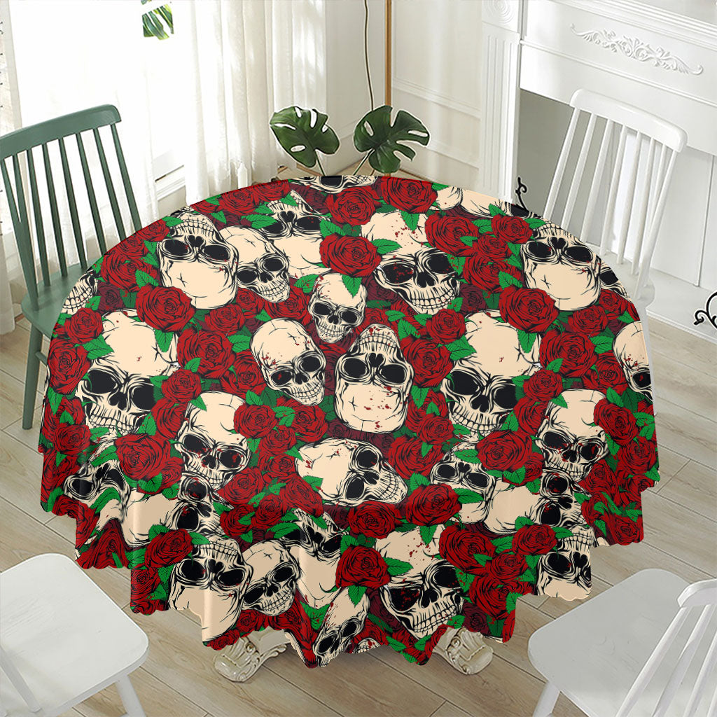 Red Rose Skull Pattern Print Waterproof Round Tablecloth